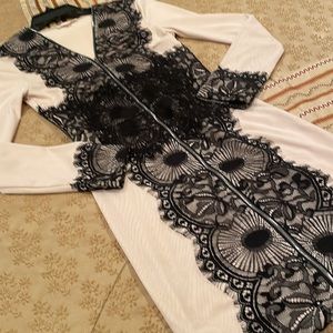 LUXXEL dress, black lace trim, front zipper, polyester blend, S